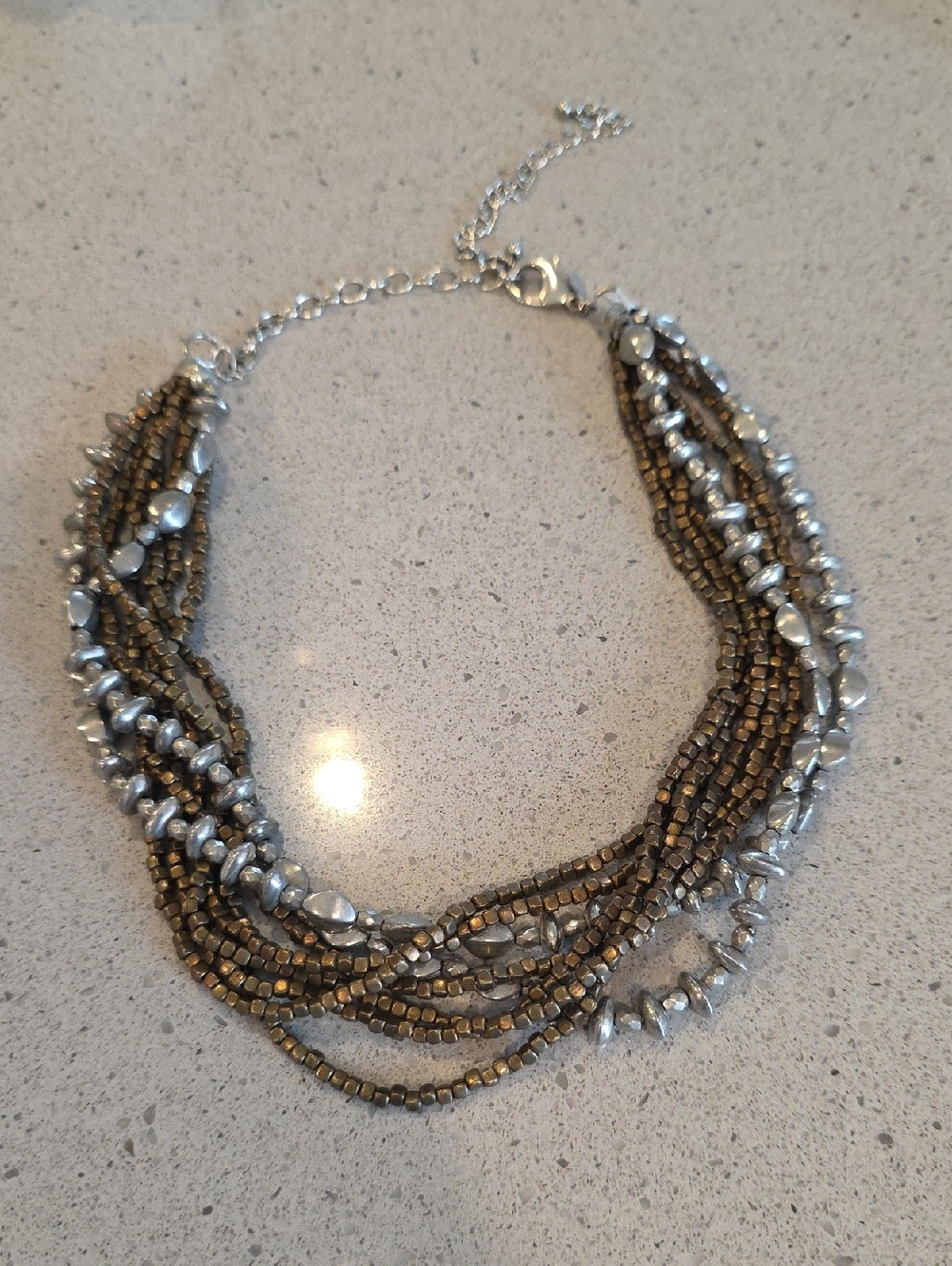 Multi-Strand Metallic Bead Statement Necklace - Silver and Bronze